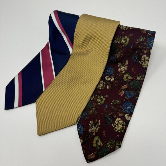 3 Brooks Brothers Men's Gold Floral Striped Silk‎ Neck Ties - Picture 1 of 6